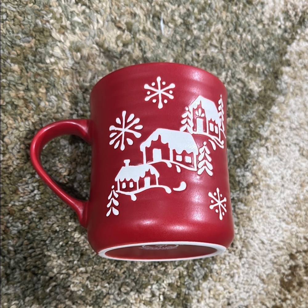 Red and White Holiday Decor Mug with Cozy Winter Scene